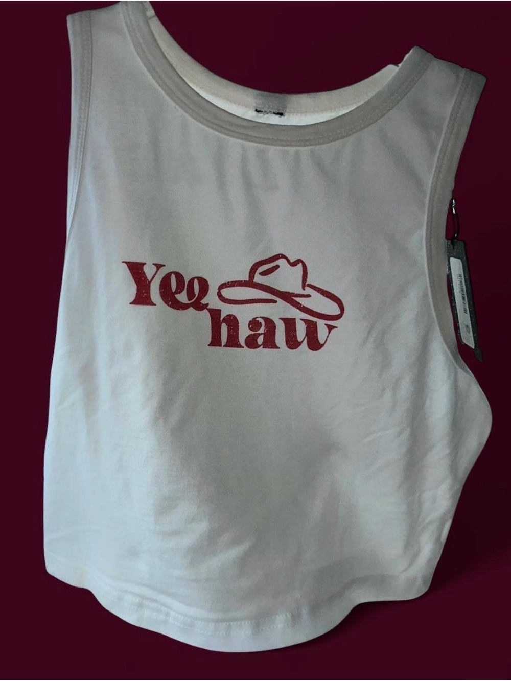 White Tank Top with Red 'Yee haw' Graphic